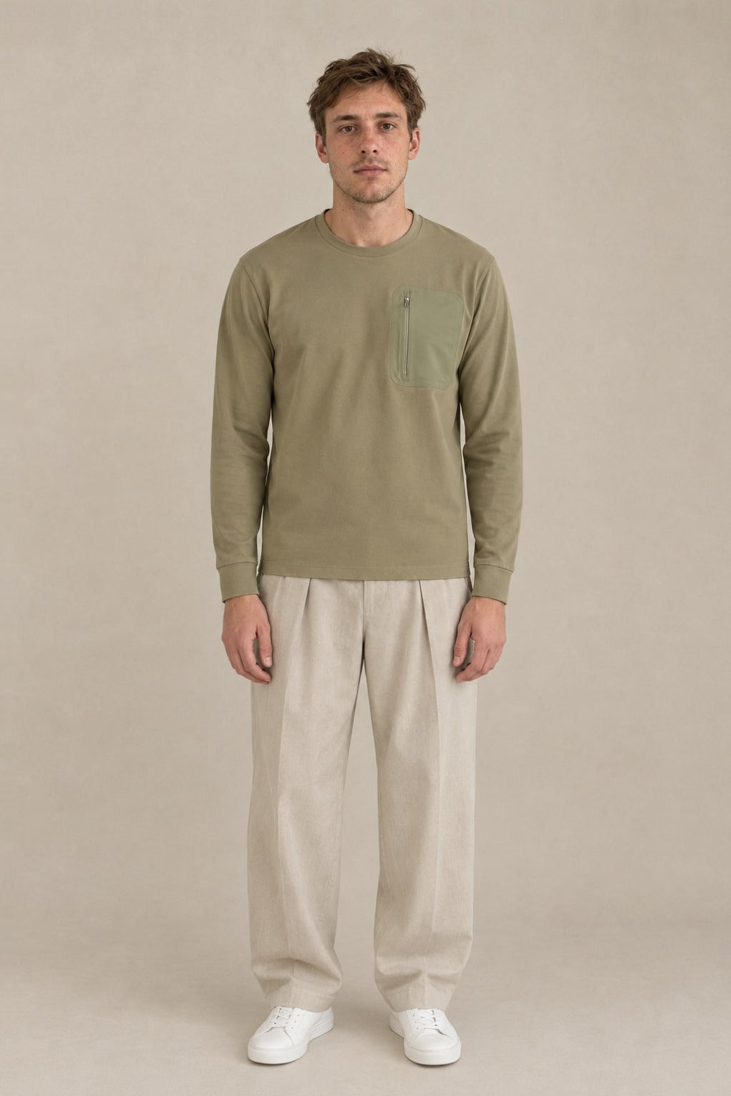 Fade Pullover in Olive, front view on model