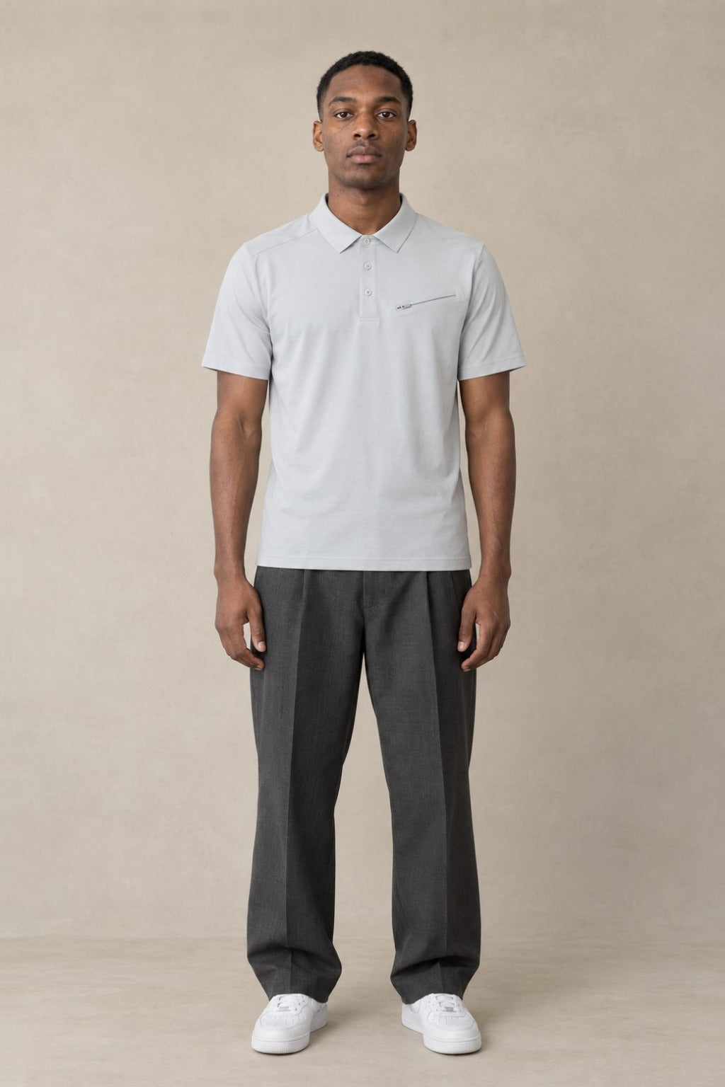 Tempo Polo in Light Gray, front view on model